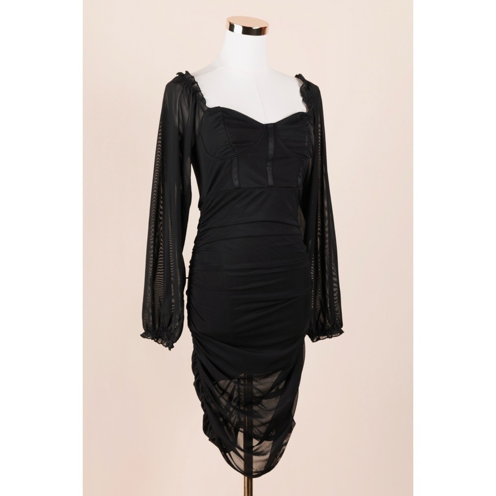Sz M Almost Famous Mesh Ruched Sleeve Bustier Bodycon Dress In Black GUC - Picture 2 of 6